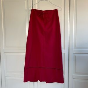 Deep red cotton maxi skirt with zipper and tie waist, size 6